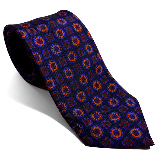 Hand-Printed Navy Blue Floral Ancient Madder Silk Tie