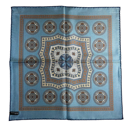 Prussian Blue & Beige Medallion Silk Pocket Square