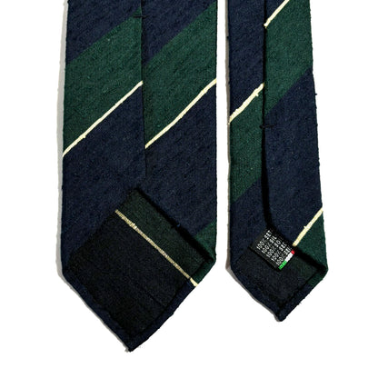 Navy Blue & Green Striped Untipped Shantung Silk Tie (Handmade in Italy)