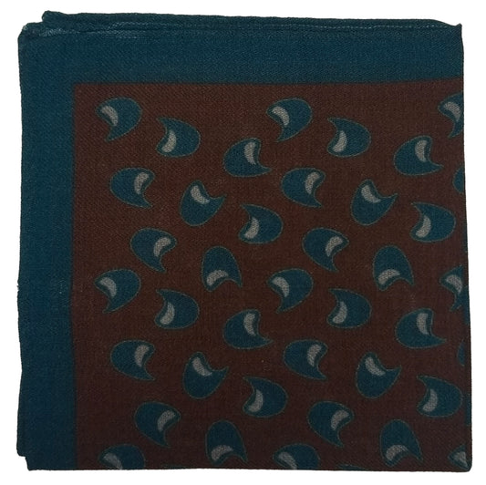 12" Brown / Blue Geometric Wool Challis Pocket Square