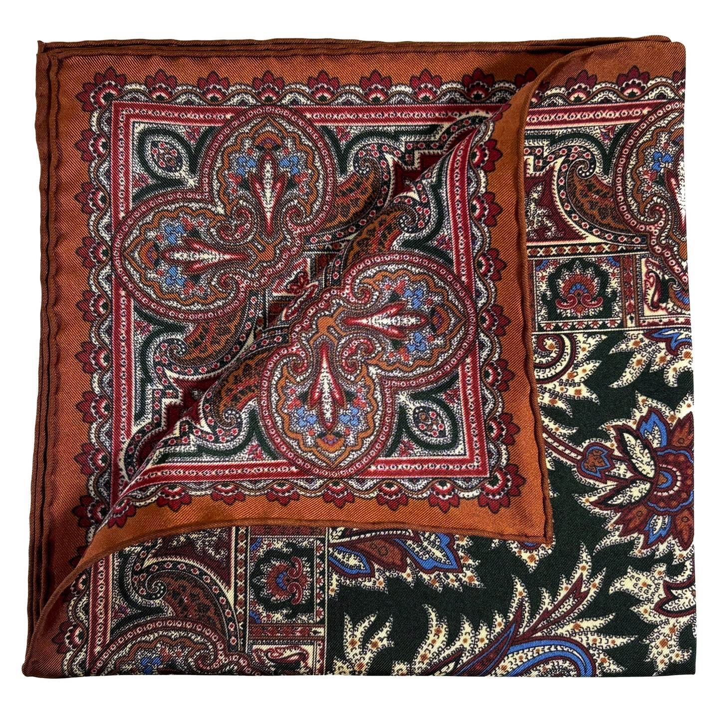 Forest Green & Brown Floral Motif Ancient Madder Silk Pocket Square