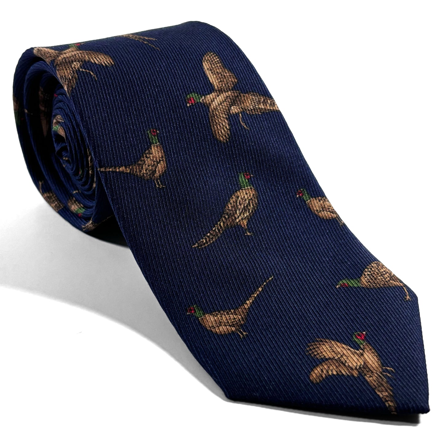 Navy Blue Pheasant Print Italian Madder Silk Tie