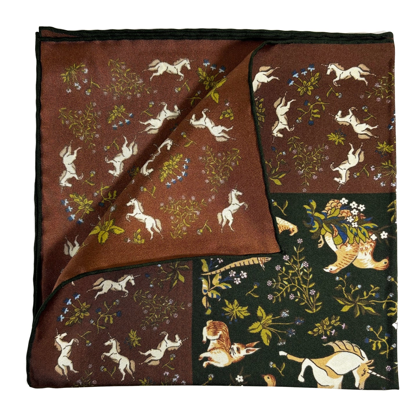 Forest Green & Brown Unicorn Motif Ancient Madder Silk Pocket Square