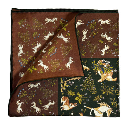 Forest Green & Brown Unicorn Motif Ancient Madder Silk Pocket Square