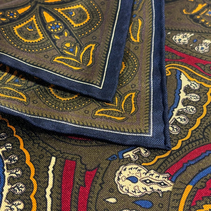 Burgundy & Olive Green Medallion Silk Pocket Square