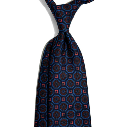 Hand-Printed Navy Blue Geometric Silk Tie