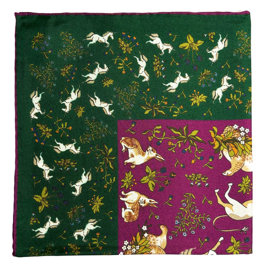 Forest Green & Purple Unicorn Motif Ancient Madder Silk Pocket Square