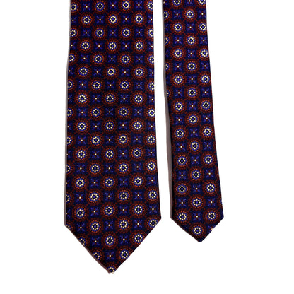 Hand-Printed Navy Blue & Burgundy Geometric Ancient Madder Silk Tie