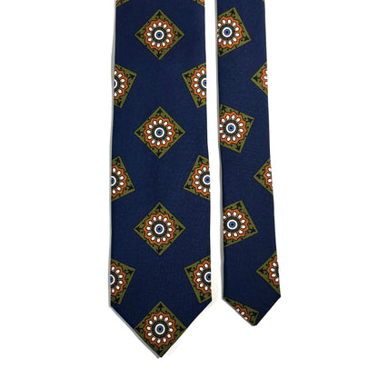 Navy Blue & Orange Large Square Printed 36oz Silk Twill Tie