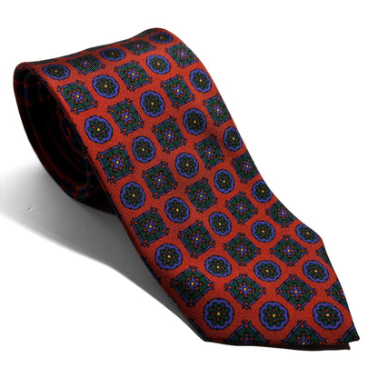 Hand-Printed Terracotta Orange Geometric Ancient Madder Silk Tie