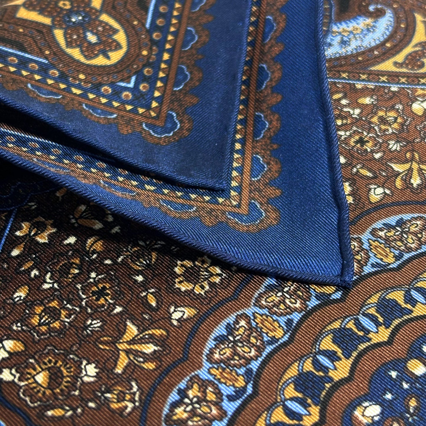 Navy Blue & Brown Floral Medallion Ancient Madder Silk Pocket Square