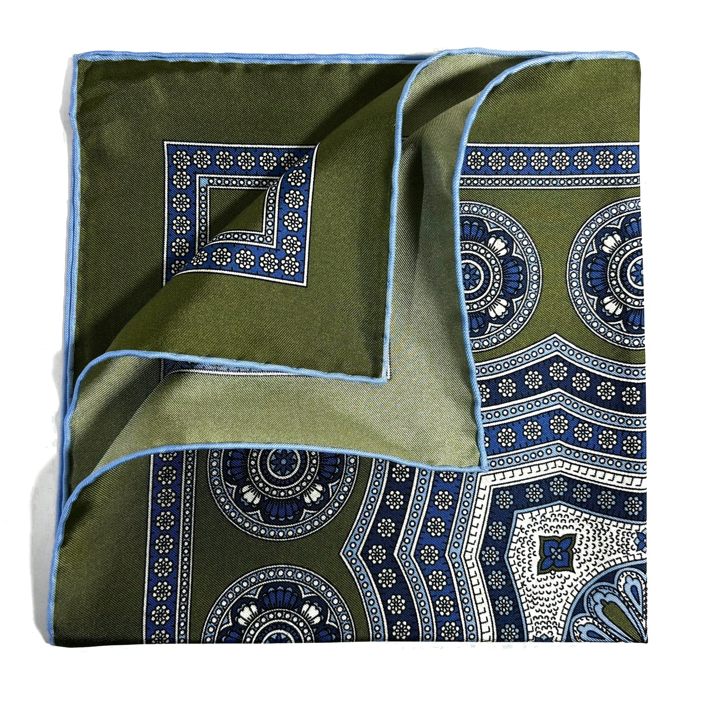 Leaf Green & Light Blue Medallion Silk Pocket Square