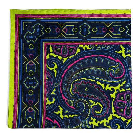 Neon Green & Brown Paisley Silk Pocket Square