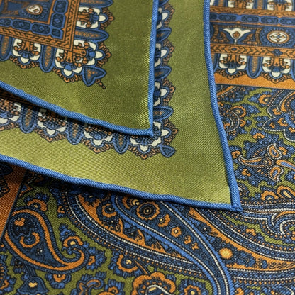 Olive Green & Orange Paisley Silk Pocket Square