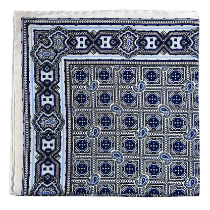 White Geometric Silk Pocket Square