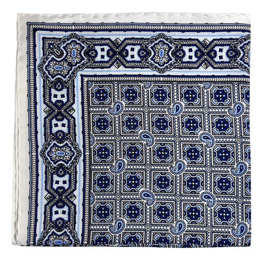 White Geometric Silk Pocket Square
