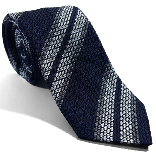 Navy Blue & White Striped Silk Grenadine Tie (Garza Grossa)