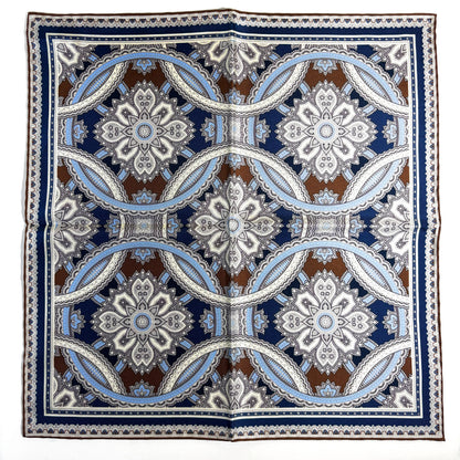 Brown & Light Blue Large Medallion Silk Pocket Square
