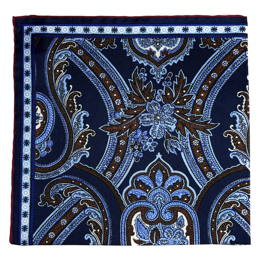 Navy Blue & Burgundy Floral Paisley Silk Pocket Square