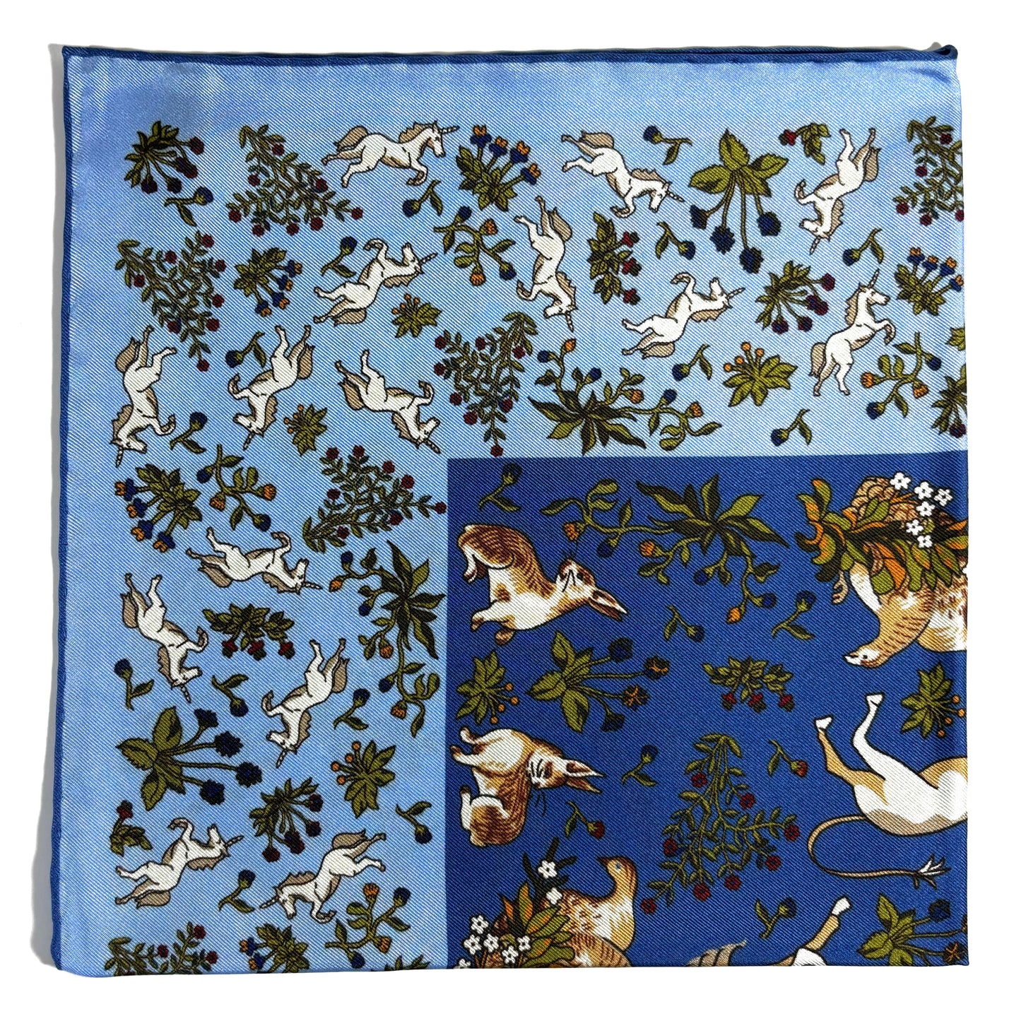 Light Blue & Blue Unicorn Motif Ancient Madder Silk Pocket Square