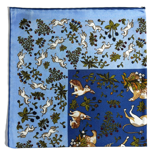 Light Blue & Blue Unicorn Motif Ancient Madder Silk Pocket Square
