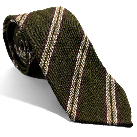 Luxury Olive Green Stripe Untipped Silk Shantung Tie