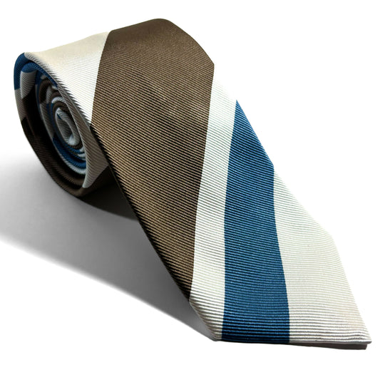Brown / Blue / White Striped Silk Repp Tie