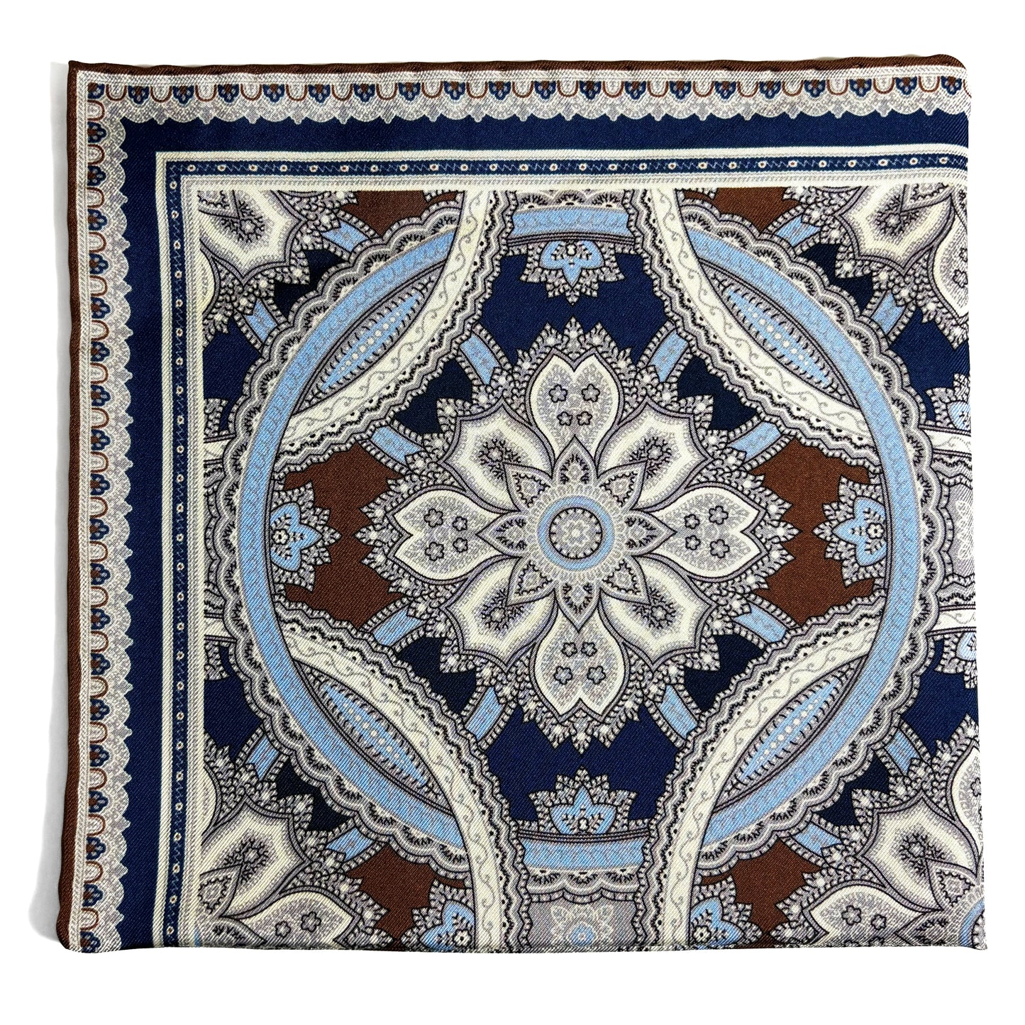 Brown & Light Blue Large Medallion Silk Pocket Square