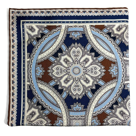 Brown & Light Blue Large Medallion Silk Pocket Square