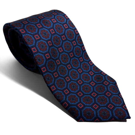 Hand-Printed Navy Blue Geometric Silk Tie