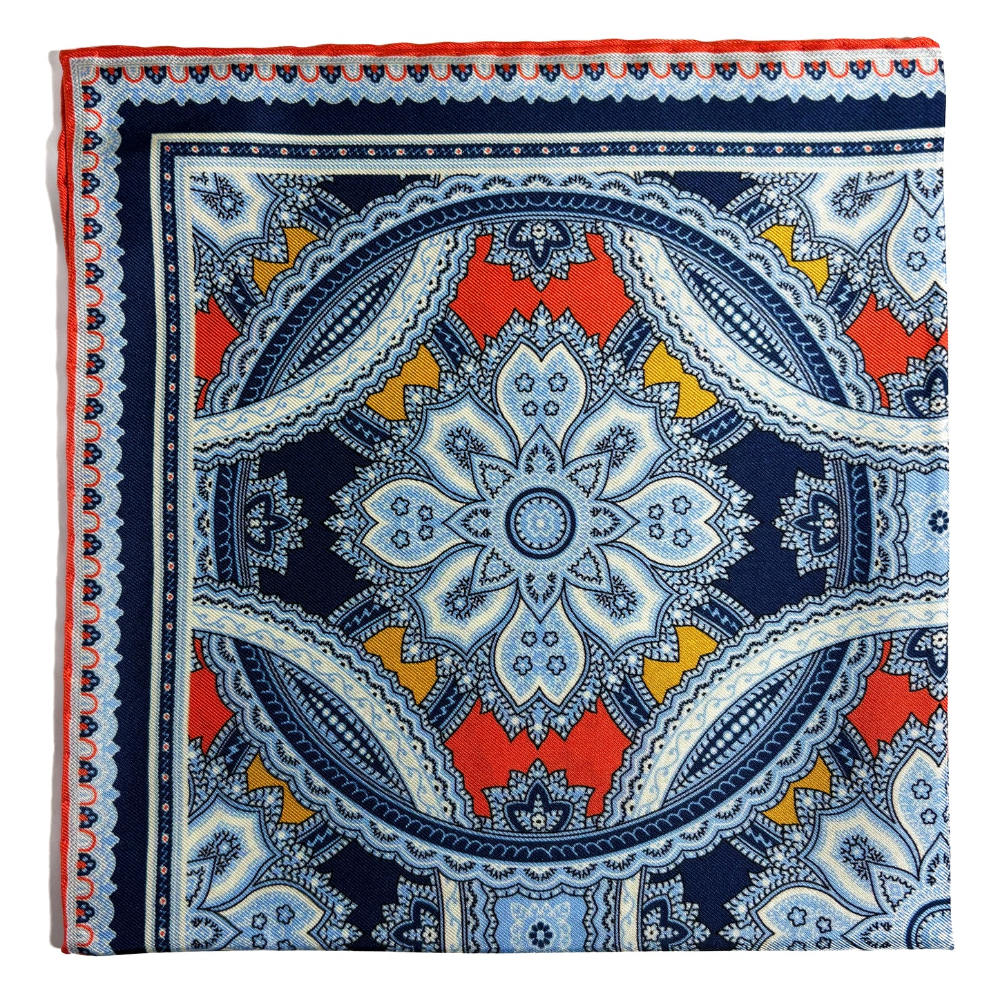 Orange & Light Blue Large Medallion Silk Pocket Square
