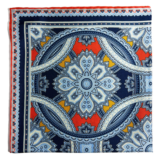Orange & Light Blue Large Medallion Silk Pocket Square