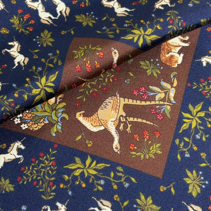 Navy Blue & Brown Unicorn Motif Ancient Madder Silk Pocket Square