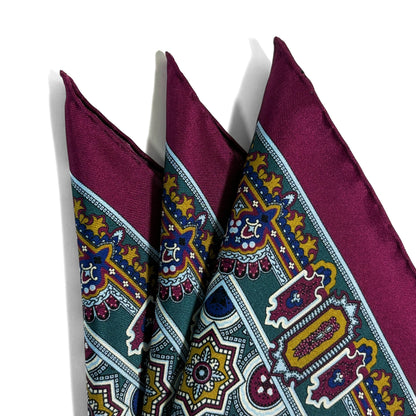 Burgundy & Green Geometric Silk Pocket Square