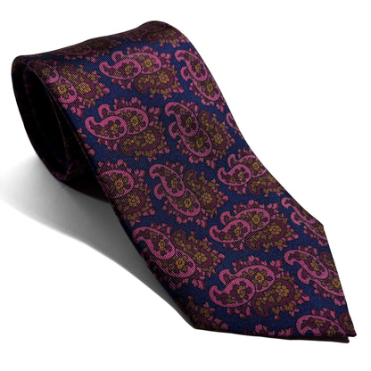 Hand-Printed Navy Blue & Pink Paisley Ancient Madder Silk Tie