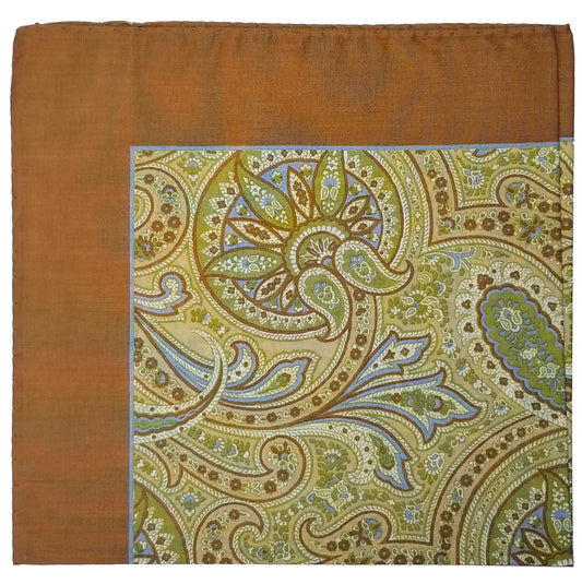 15.5" Hand-Printed Brown Paisley Cotton Pocket Square