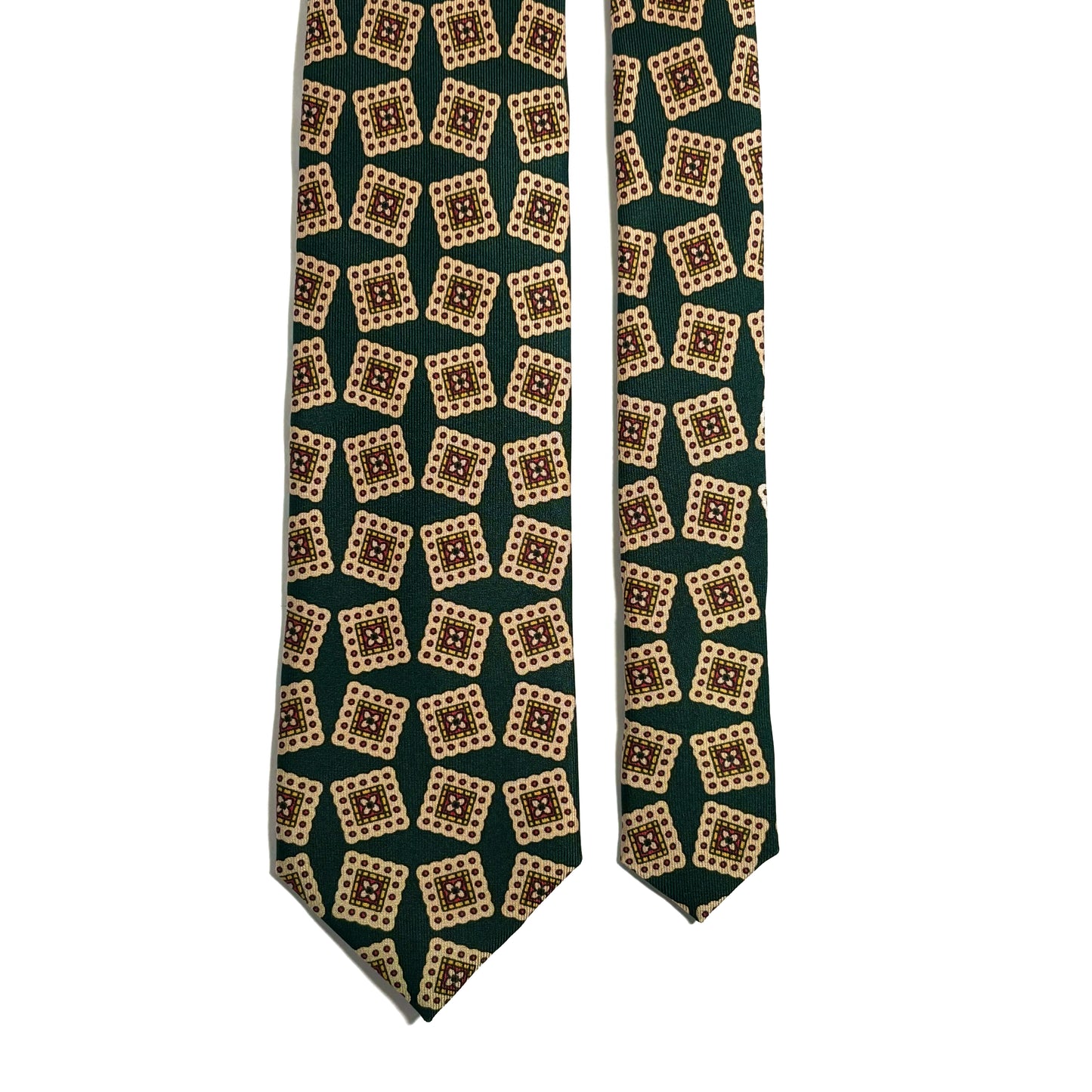 Hand-Printed Bottle Green Block Geometric Silk Tie