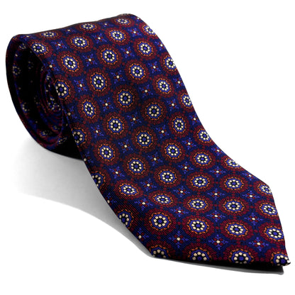 Hand-Printed Navy Blue & Burgundy Geometric Ancient Madder Silk Tie