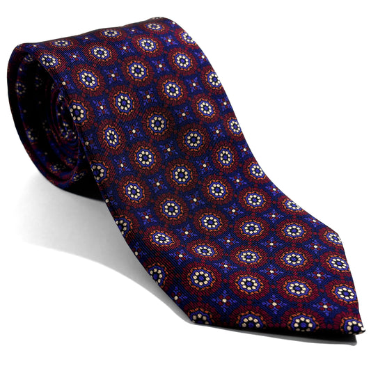 Hand-Printed Navy Blue & Burgundy Geometric Ancient Madder Silk Tie