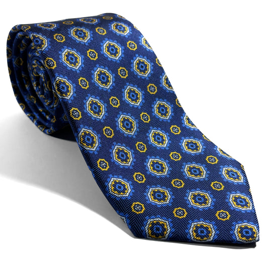 Navy Blue & Yellow Geometric Silk Tie (Handmade in Italy)