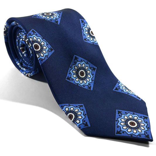 Navy Blue Large Square Printed 36oz Silk Twill Tie