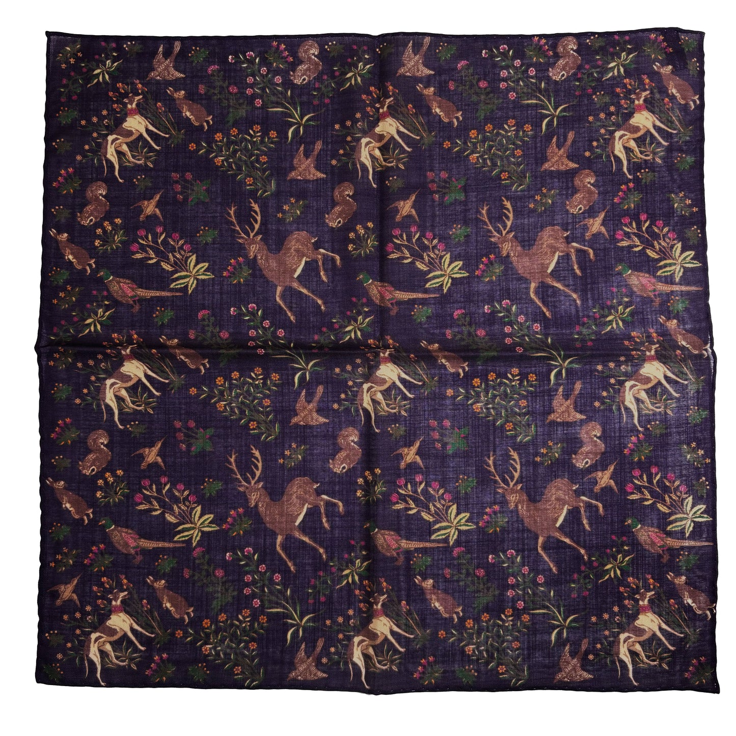 Terra - Floral Animal Motif - Purple - Wool/Silk Pocket Square