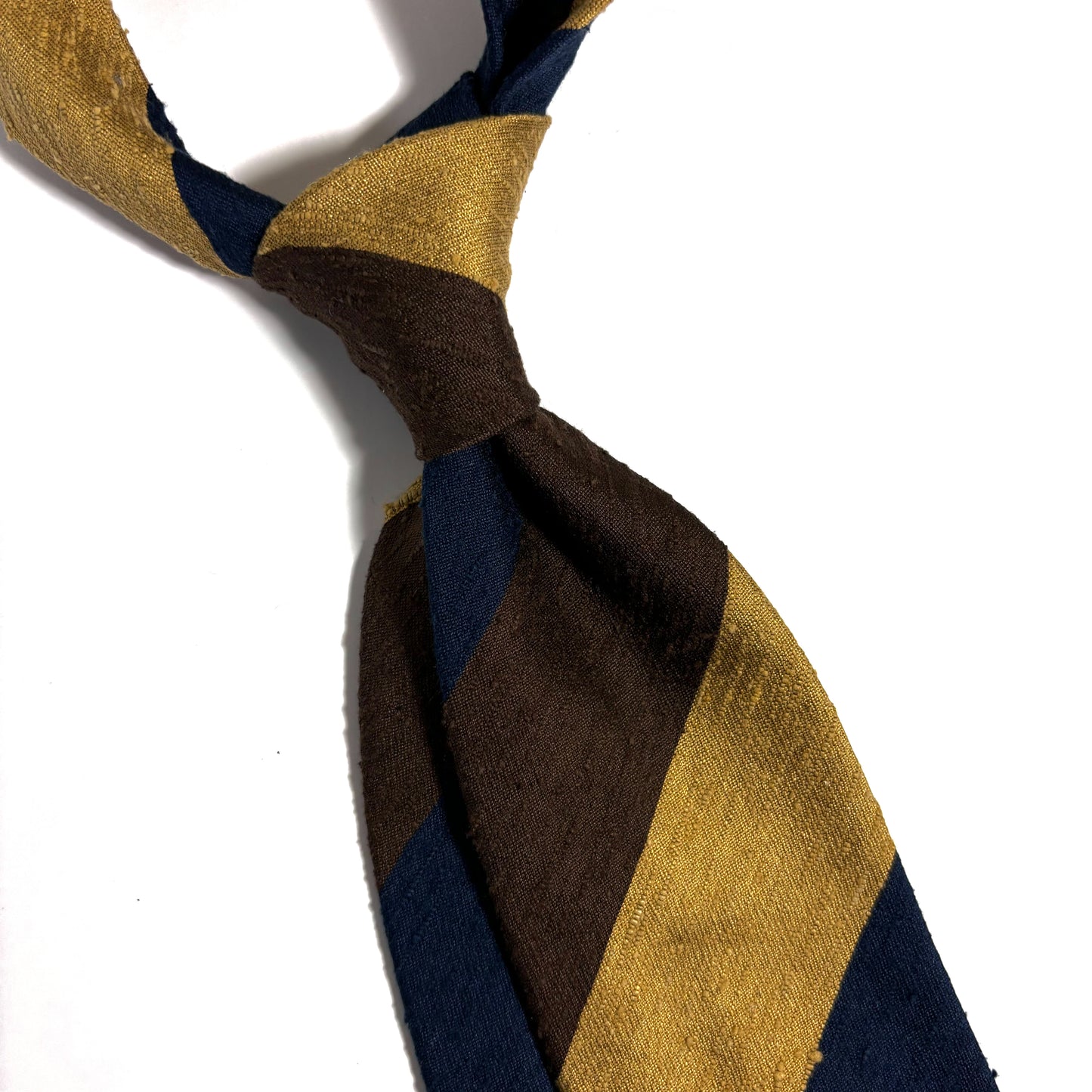 Untipped Navy Blue / Gold / Brown Block Stripe Silk Shantung Tie