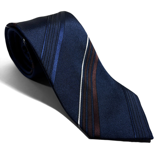 Navy Blue & Brown Striped Silk Jacquard Tie
