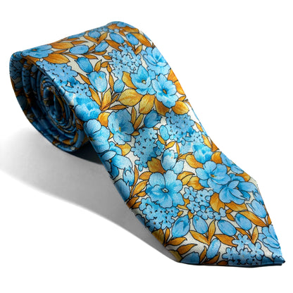 Light Blue & Gold Floral Motif Silk Satin Tie