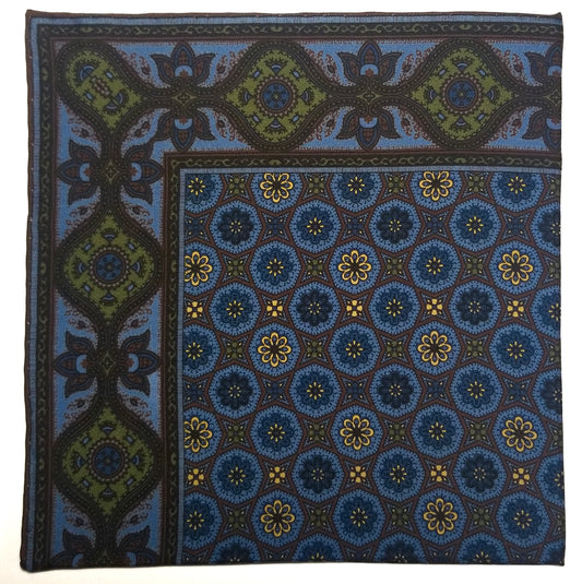 Screen-Printed Blue & Brown Ancient Madder Silk Pocket Square