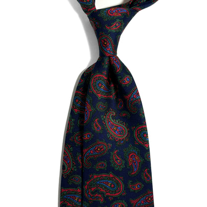 Hand-Printed Navy Blue Paisley Silk Tie