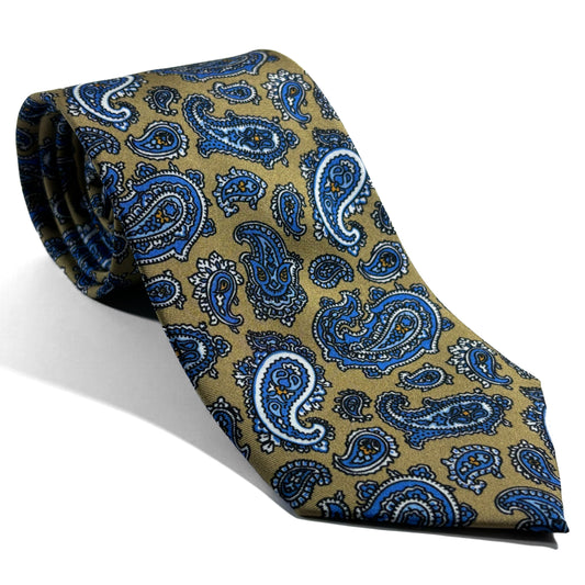 Olive Green / Blue Paisley Printed Silk Twill Tie