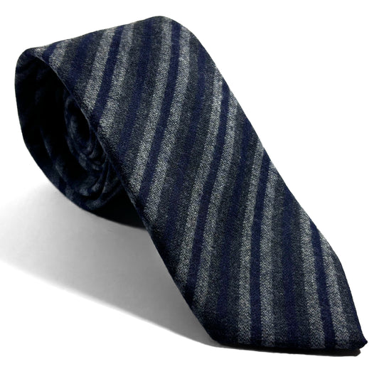 Gray & Navy Blue Striped Wool Challis Tie