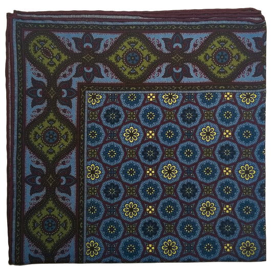 Screen-Printed Blue & Burgundy Ancient Madder Silk Pocket Square